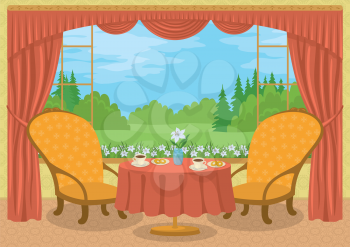 Room with red curtains, yellow wall, two chairs and a dining table with coffee cups, donuts and flower in front of the window with view of forest glade, cartoon background illustration. Eps10, contain