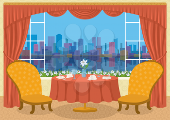 Restaurant background with two chairs and dining table with plates, napkins, glasses and flower in front of the window with view of big city, cartoon illustration. Eps10, contains transparencies. Vect
