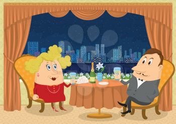 Respectable man and fat lady in red sitting near the table in a restaurant with view on night city and raising a toast, funny cartoon illustration. Vector