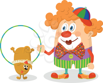 Cheerful kind circus clown in colorful clothes with hoop, through which jumping trained dog, holiday illustration, funny cartoon character isolated on white background. Vector
