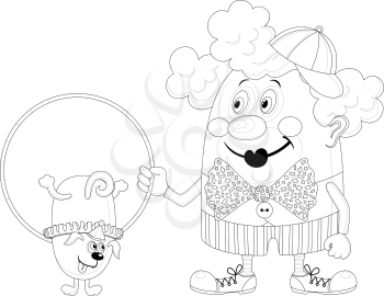 Cheerful kind circus clown with hoop, through which jumping trained dog, holiday illustration, funny cartoon character, black contour isolated on white background. Vector