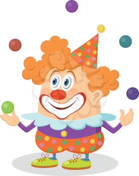 Cheerful kind circus clown in colorful clothes juggling balls, holiday illustration, funny cartoon character, isolated on white background. Vector