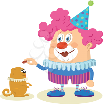 Cheerful kind circus clown in colorful clothes with trained dog, holiday illustration, funny cartoon character isolated on white background. Vector