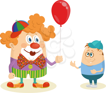 Cheerful kind circus clown in colorful clothes gives a little boy a balloon, holiday illustration, funny cartoon character isolated on white background. Vector