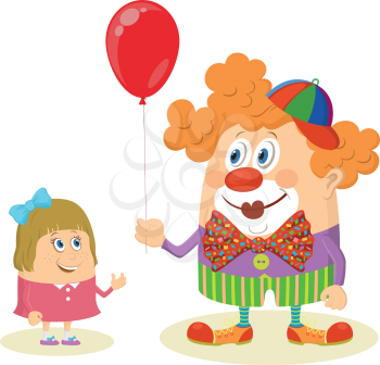 Cheerful kind circus clown in colorful clothes gives a little girl a balloon, holiday illustration, funny cartoon character, isolated on white background. Vector