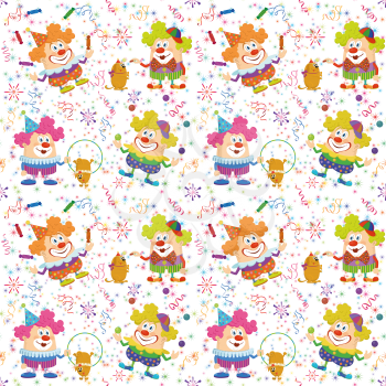Seamless Background with Cheerful Circus Clowns, Juggling Balls and Candies and Training Dogs. Holiday Illustration with Funny Cartoon Characters on White, Colorful Stars and Streamers. Vector