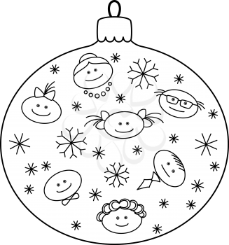 Christmas decoration: glass ball with image of amusing faces and snowflakes, contours