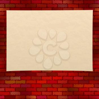 Sheet of old yellowed paper on a brick red grunge wall with half-tone effect, design background. Eps10, contains transparencies. Vector