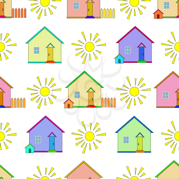 Seamless background, multi-coloured toy houses and the sun. Vector