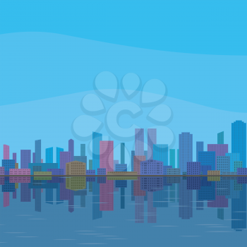 Urban background, cityscape with cartoon skyscrapers under blue sky reflecting in blue sea. Vector