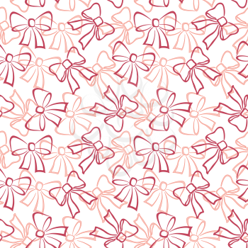 Abstract holiday seamless pattern with red and pink outline bows on white background. Vector