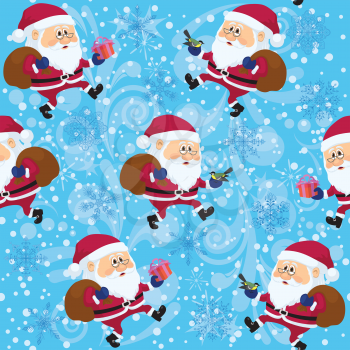 Christmass seamless illustration, cartoon Santa Claus walking with bag of gifts on abstract blue background with snowflakes and patterns. Vector eps10, contains transparencies