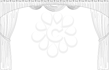 Theater curtain, black contour isolated on white background. Vector
