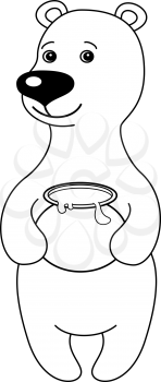 Cartoon Teddy Bear Stands Holding in Paws a Honey Pot, contours. Vector