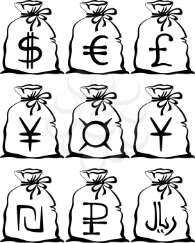 Set of pictogram money bags with currency signs: dollar, euro, pound, yen, yuan, shekel, rial, ruble, universal. Vector