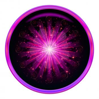 Round button with firework of bright lilac colors on black background, element for holiday web design. Eps10, contains transparencies. Vector illustration