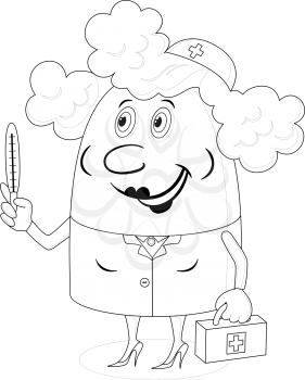 Nurse, woman doctor, cartoon character in uniform with first-aid kit and thermometer, black contour on white background. Vector