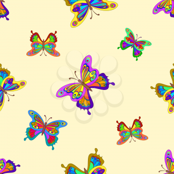 Seamless background, multi-coloured butterflies with opened wings. Vector
