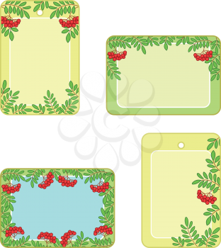 Set of tags, backgrounds frames with floral pattern of rowan berries and leaves. Vector