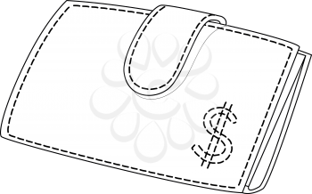 Leather purses for money with dollar signs, black contour on white background. Vector