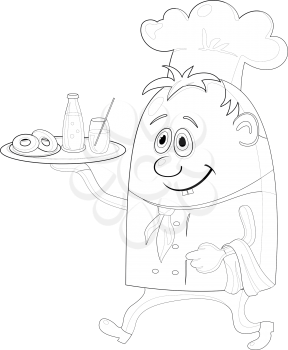 Cook, cartoon chef with drinks on plate isolated over a white background, black contour on white background. Vector illustration