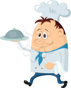 Cook, cartoon chef with closed salver isolated over a white background. Vector