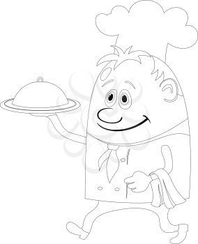 Cook, cartoon chef with closed salver isolated, black contour on white background. Vector