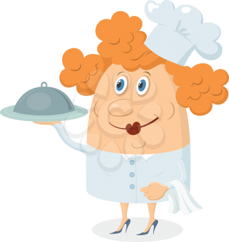 Cook woman, cartoon chef with closed salver, toque and white towel, isolated over a white background. Vector