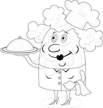 Cook woman, cartoon chef with closed salver, toque and towel, black contour on white background. Vector