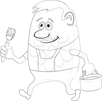 Painter, cartoon character, man in uniform with brush and bucket, contour. Vector
