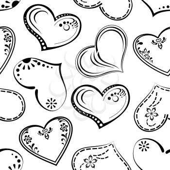 Valentine holiday seamless with hearts, abstract background pattern, symbol of love, black contour on white. Vector