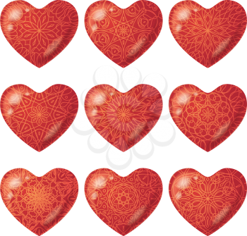 Valentine red hearts, holiday set of beautiful love symbol icons with various patterns. Eps10, contains transparencies. Vector