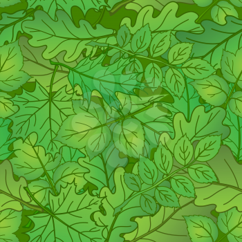 Summer background with green leaves of different plants, nature seamless. Vector