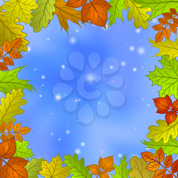 Nature background with framework of leaves of various plants and blue sky. Eps10, contains transparencies. Vector