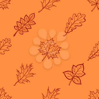 Floral seamless vector background, contours leaves of plants on the orange