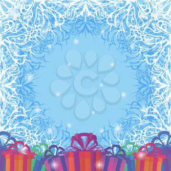 Holiday Background with Gift Color Boxes and Blue and White Pattern, Symbolizing the Sky with Snow and Stars. Eps10, Contains Transparencies. Vector