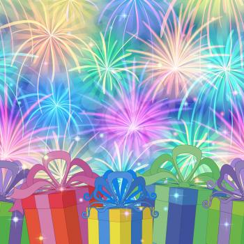 Holiday Seamless Background with Gift Color Boxes on Colorful Firework. Pattern for Holiday Design. Eps10, Contains Transparencies. Vector