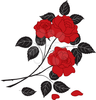 Flowers, rose bouquet with red buds and petals and black stems and leaves, silhouette on white background. Vector