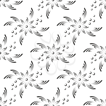 Abstract Seamless Background with Black Silhouette Flowers on White, Symbolical Pattern. Vector