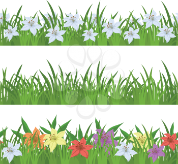 Floral seamless background with green grass and lily flowers of various colors, isolated on white. Eps10, contains transparencies. Vector