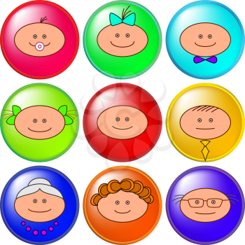 Set icons, buttons: faces cartoon people, family: grandmother, grandfather, mother, father and children. Vector