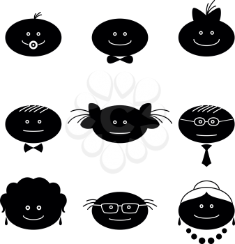 Smilies, set of black and white family characters. Grandmother, grandfather, mother, father, children. Vector