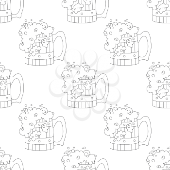 Seamless background with cartoon beer mugs with foam, black contour on white background. Vector