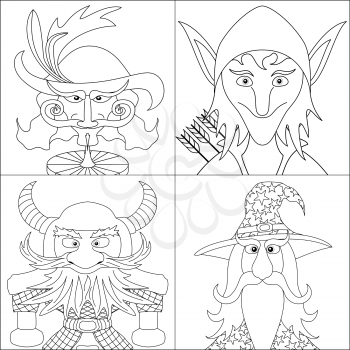 Avatar faces of fantasy brave heroes: elf, dwarf, wizard and noble cavalier, funny comic cartoon user icons, set, black contour on white background. Vector