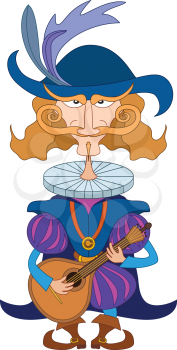 Noble cavalier in an old fashioned costume serenades, playing on the mandolin for his lover, funny comic cartoon character. Vector