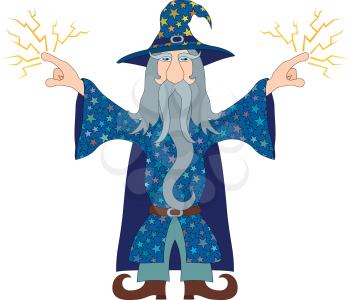 Wizard in blue starred costume standing with hands up and launches lightning, cartoon character. Vector