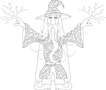 Wizard in starred costume standing with hands up and launches lightning, cartoon character, contour. Vector