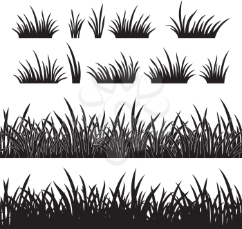 Line seamless and set of grass, element for design, black silhouette isolated on white background. Vector