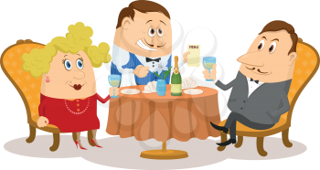 Couple in love in a restaurant. Respectable man and fat lady in red raising a toast, while waiter offering menu, funny cartoon illustration. Vector