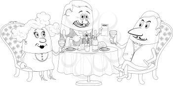 Couple in love in a restaurant. Respectable man and fat lady raising a toast, while waiter offering menu, funny cartoon illustration, black contour on white background. Vector